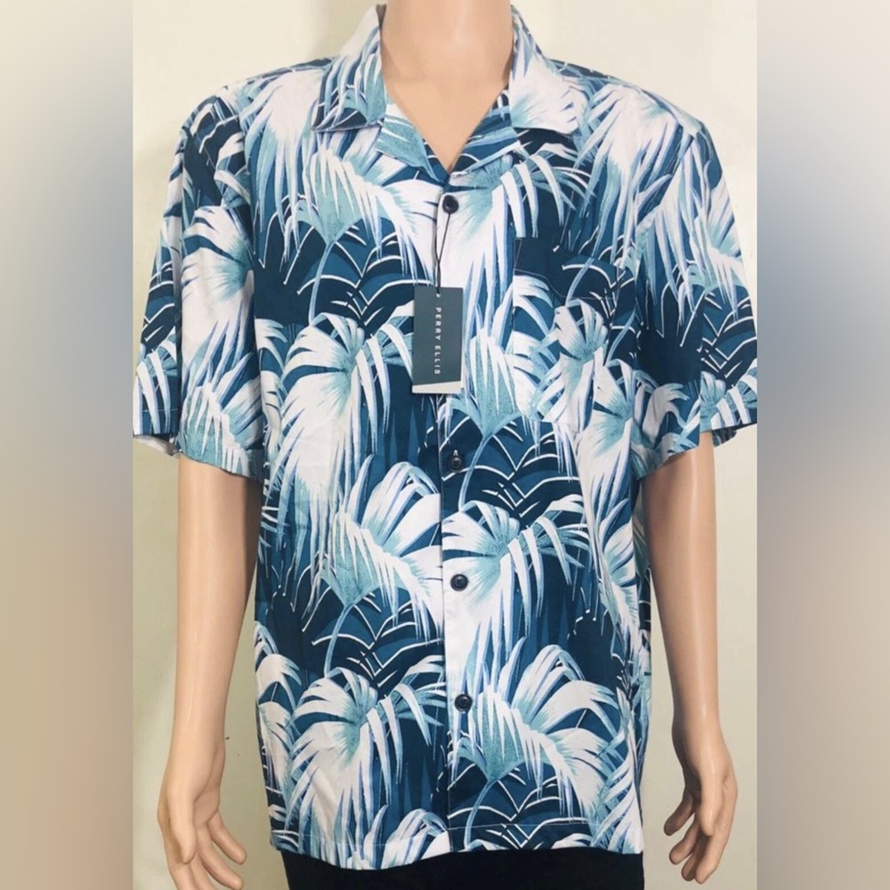 Perry Ellis Floral Men’s Tropical Hawaiian Shirt XLT  Blue Multicolored